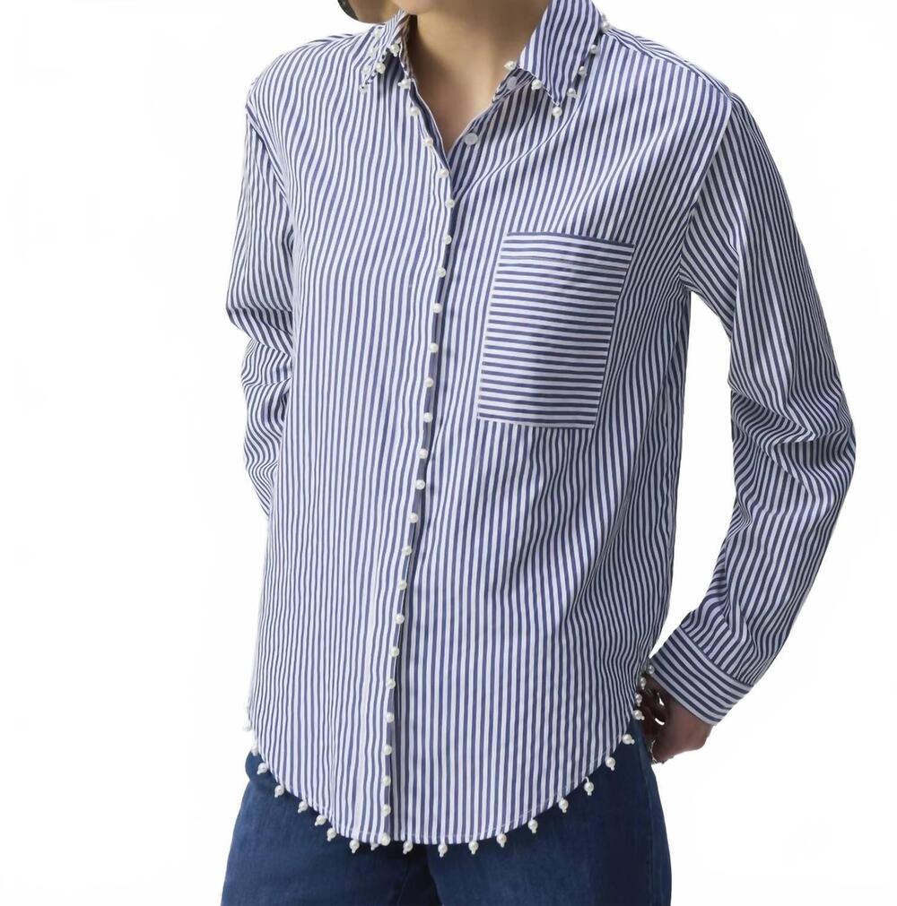 NEW JOSEPH RIBKOFF striped casual button blouse in midnight blue vanilla